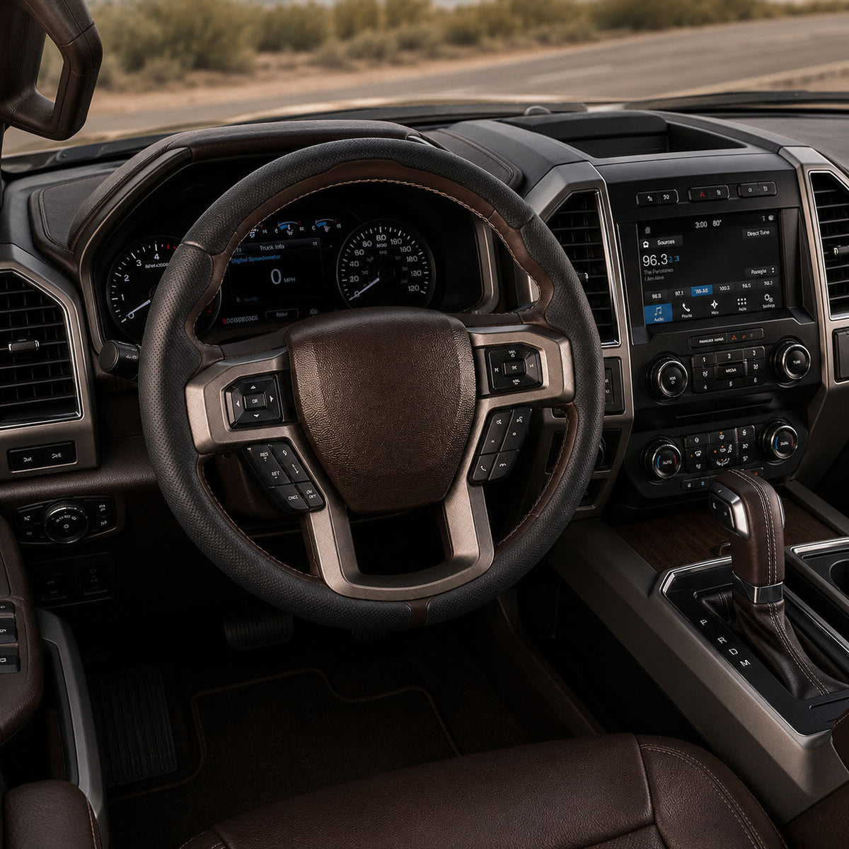 Truck steering wheel cover collection featuring a black perforated leather cover installed in a Ford F-150 interior