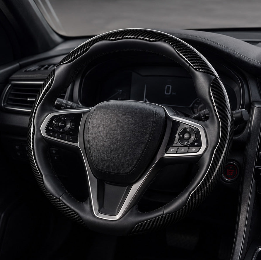 Universal steering wheel cover collection featuring a glossy black carbon-fiber-style cover installed in a modern car interior