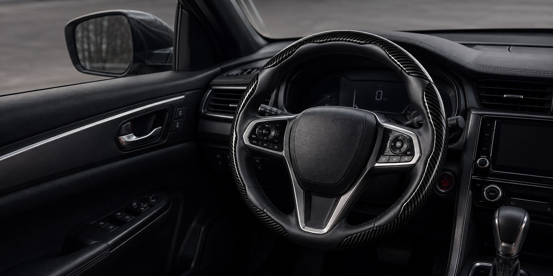 Universal steering wheel cover collection featuring a glossy black carbon-fiber-style cover installed in a modern car interior