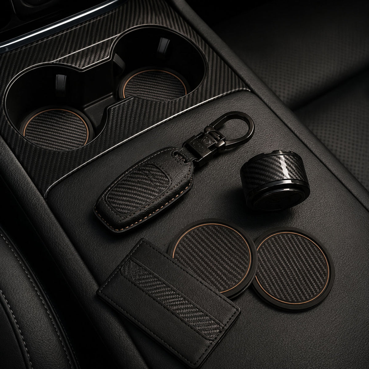 Minimalist and practical car interior accessories including a key case, cup holder coasters, card holder, and trim pieces
