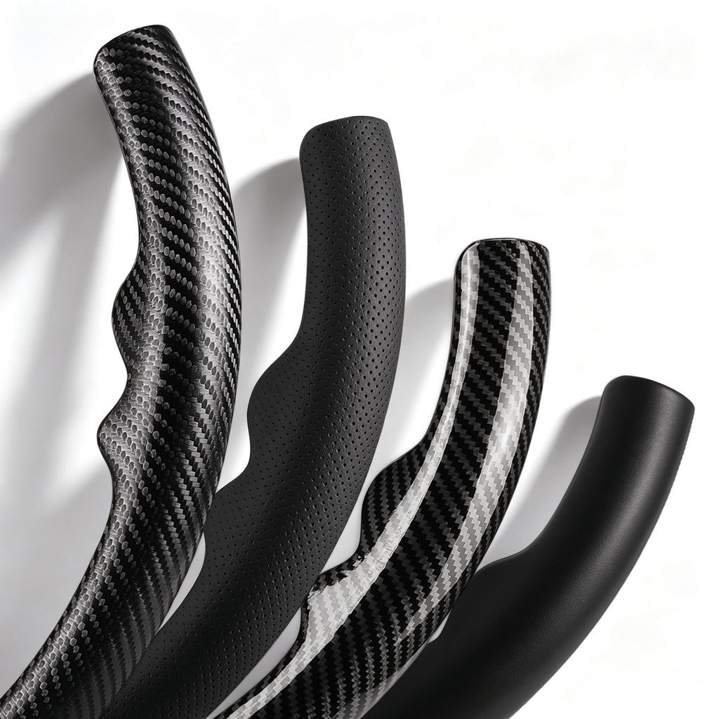 Close-up comparison of black leather and black carbon-fiber-style 3-piece steering wheel cover finishes for Chevy Silverado 1500 2014-2018 & Silverado 2500/2500HD/3500/3500HD 2015-2019#color=black