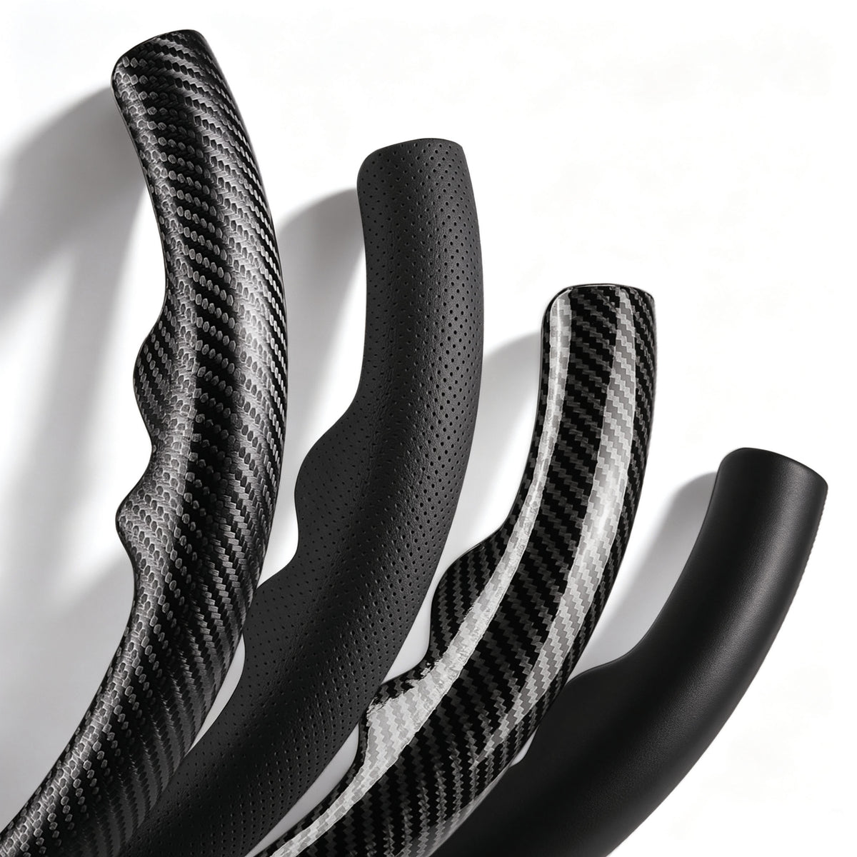 Close-up comparison of black leather and black carbon-fiber-style 3-piece steering wheel cover finishes for Chevy Silverado 1500 2014-2018 & Silverado 2500/2500HD/3500/3500HD 2015-2019#color=black