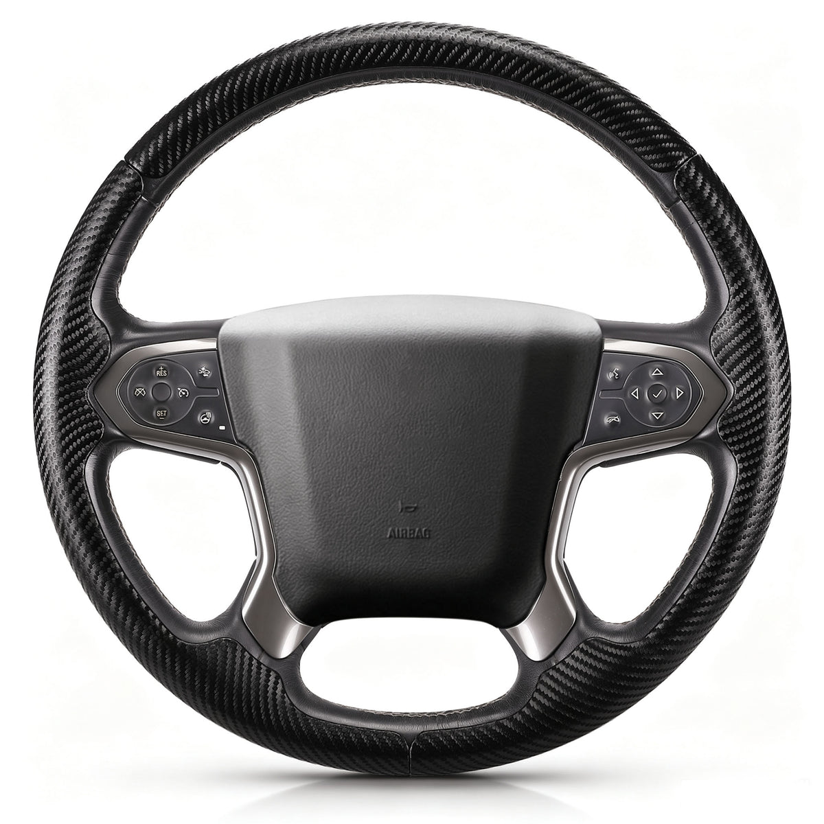 Front view of matte black carbon-fiber-style 3-piece steering wheel cover for Chevy Silverado 1500 2014-2018 & Silverado 2500/2500HD/3500/3500HD 2015-2019#color=matte black