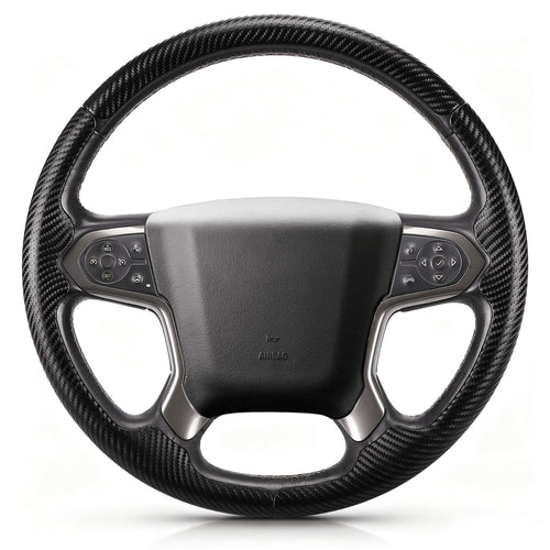 Front view of matte black carbon-fiber-style 3-piece steering wheel cover for Chevy Silverado 1500 2014-2018 & Silverado 2500/2500HD/3500/3500HD 2015-2019#color=matte black