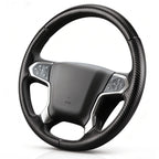 Angled front view of matte black carbon-fiber-style 3-piece steering wheel cover for Chevy Silverado 1500 2014-2018 & Silverado 2500/2500HD/3500/3500HD 2015-2019#color=matte black