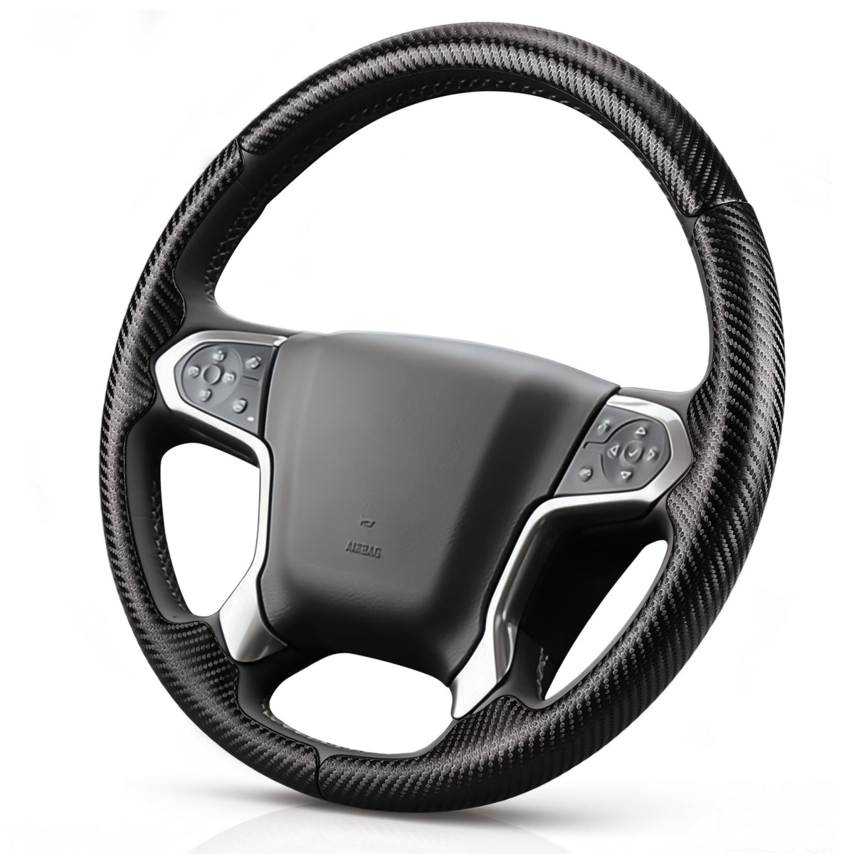 Angled front view of matte black carbon-fiber-style 3-piece steering wheel cover for Chevy Silverado 1500 2014-2018 & Silverado 2500/2500HD/3500/3500HD 2015-2019#color=matte black