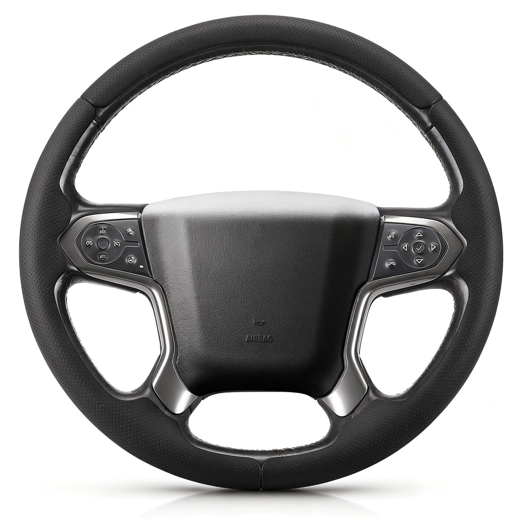 Front view of black perforated leather 3-piece steering wheel cover for Chevy Silverado 1500 2014-2018 & Silverado 2500/2500HD/3500/3500HD 2015-2019#color=black perforated leather