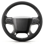 Front view of black perforated leather 3-piece steering wheel cover for Chevy Silverado 1500 2014-2018 & Silverado 2500/2500HD/3500/3500HD 2015-2019#color=black perforated leather