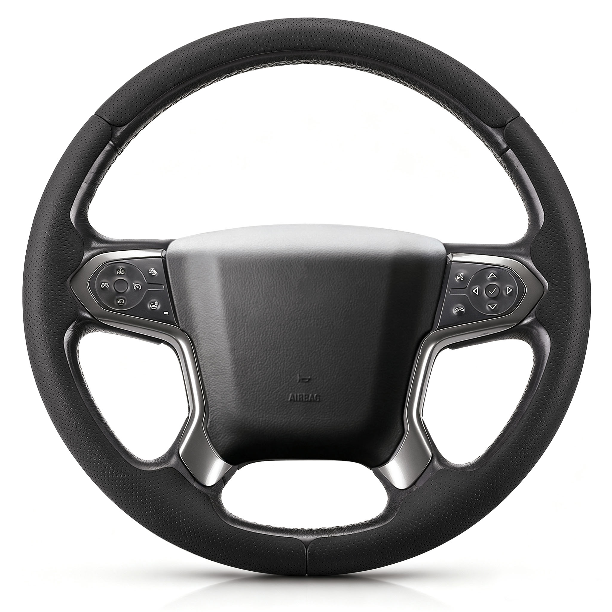 Front view of black perforated leather 3-piece steering wheel cover for Chevy Silverado 1500 2014-2018 & Silverado 2500/2500HD/3500/3500HD 2015-2019#color=black perforated leather