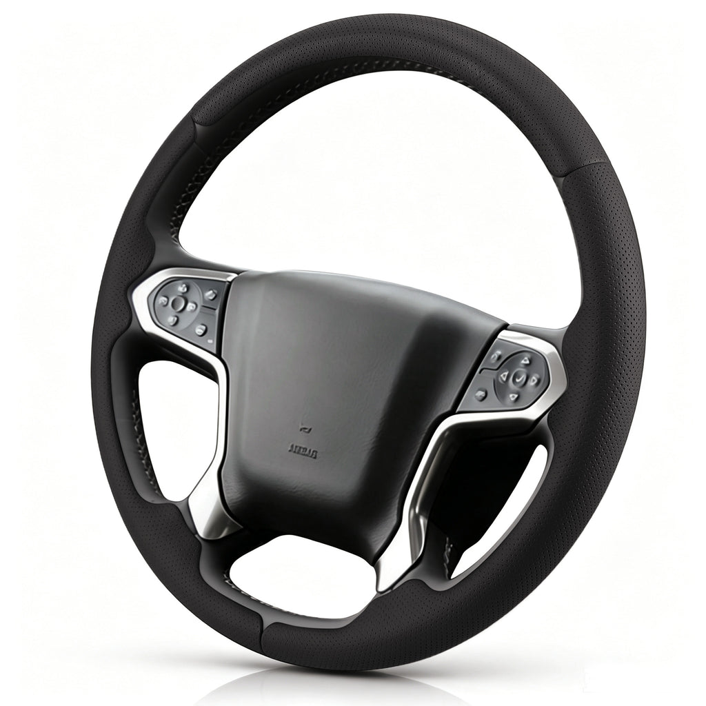 Angled front view of black perforated leather 3-piece steering wheel cover for Chevy Silverado 1500 2014-2018 & Silverado 2500/2500HD/3500/3500HD 2015-2019#color=black perforated leather