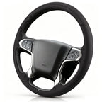Angled front view of black perforated leather 3-piece steering wheel cover for Chevy Silverado 1500 2014-2018 & Silverado 2500/2500HD/3500/3500HD 2015-2019#color=black perforated leather