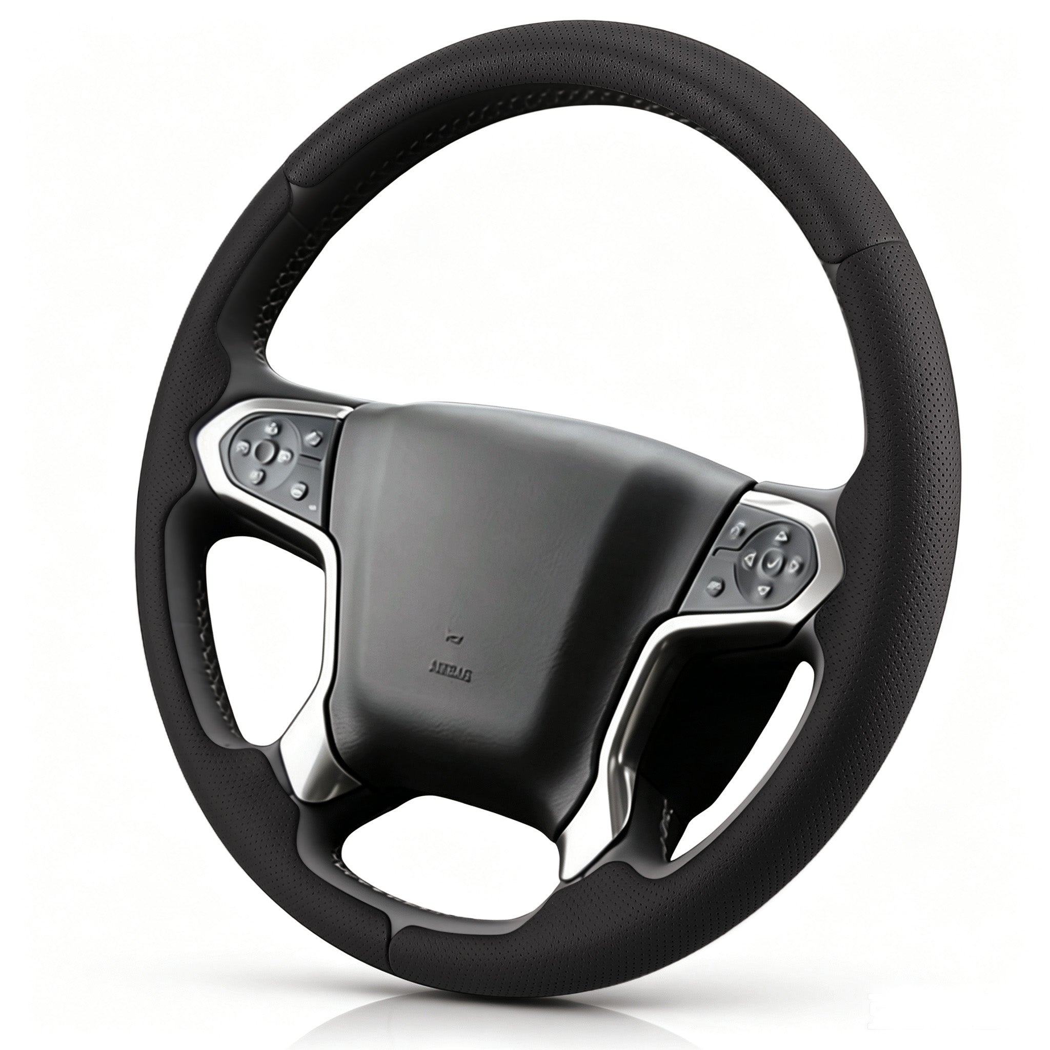 Angled front view of black perforated leather 3-piece steering wheel cover for Chevy Silverado 1500 2014-2018 & Silverado 2500/2500HD/3500/3500HD 2015-2019#color=black perforated leather