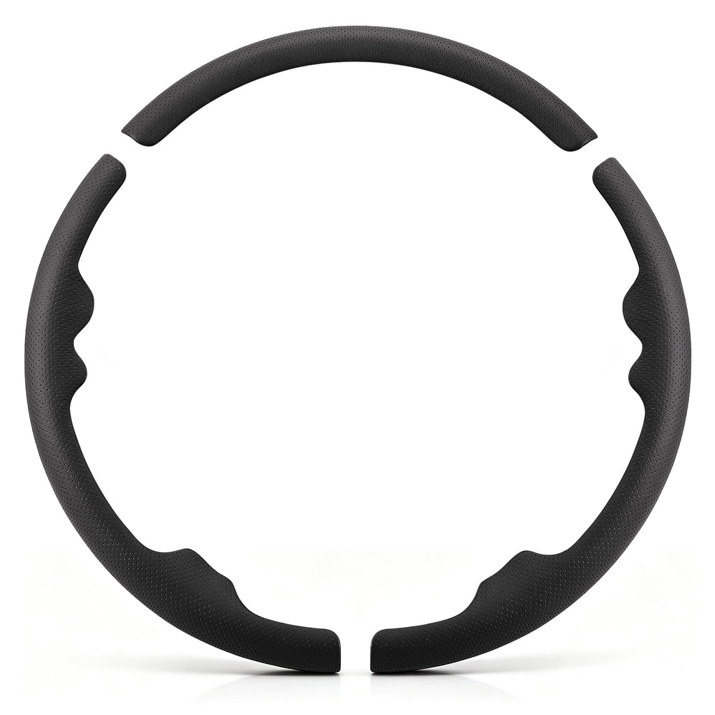 Front view of a black perforated leather 3-piece steering wheel cover set for Chevy Silverado 1500 2014-2018 & Silverado 2500/2500HD/3500/3500HD 2015-2019#color=black perforated leather