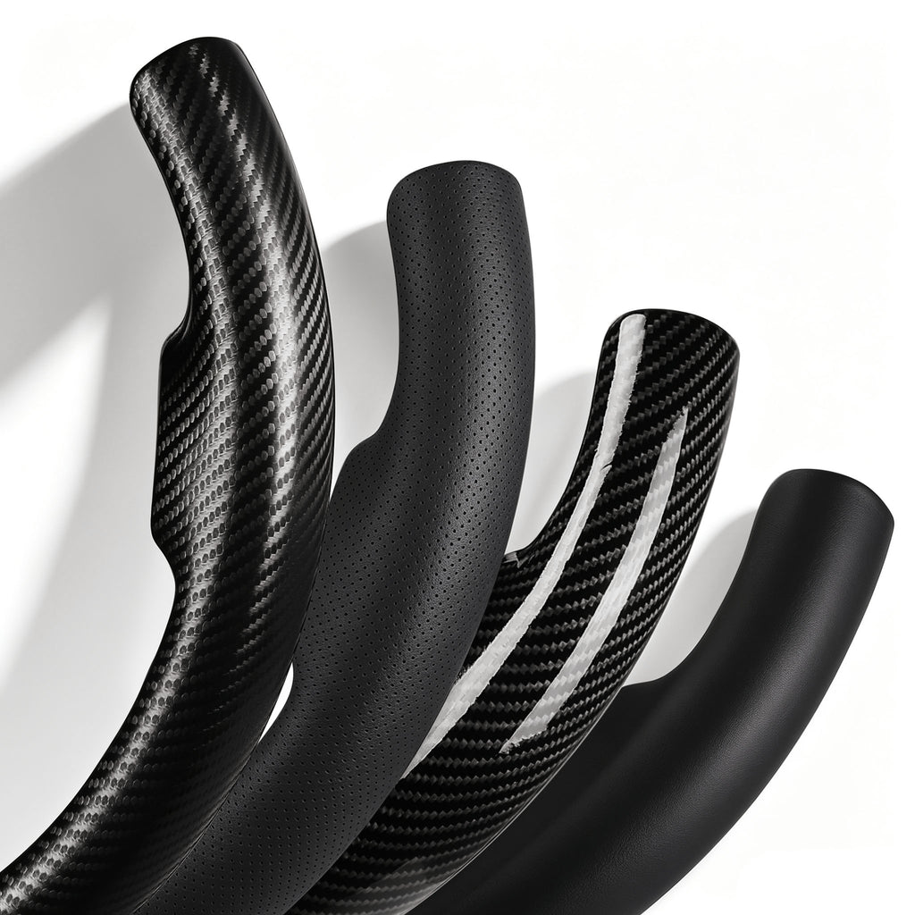 Close-up comparison of black leather and black carbon-fiber-style 3-piece steering wheel cover finishes for Dodge Ram 1500/2500/3500/4500/5500 2012-2018 & RAM 1500 Classic 2019-2023#color=black