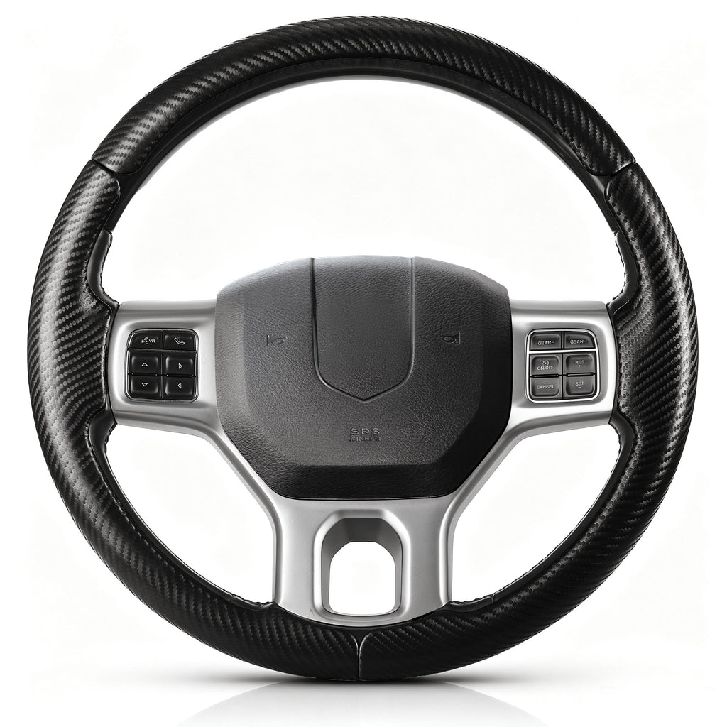 Front view of matte black carbon-fiber-style 3-piece steering wheel cover for Dodge Ram 1500/2500/3500/4500/5500 2012-2018 & RAM 1500 Classic 2019-2023#color=matte black