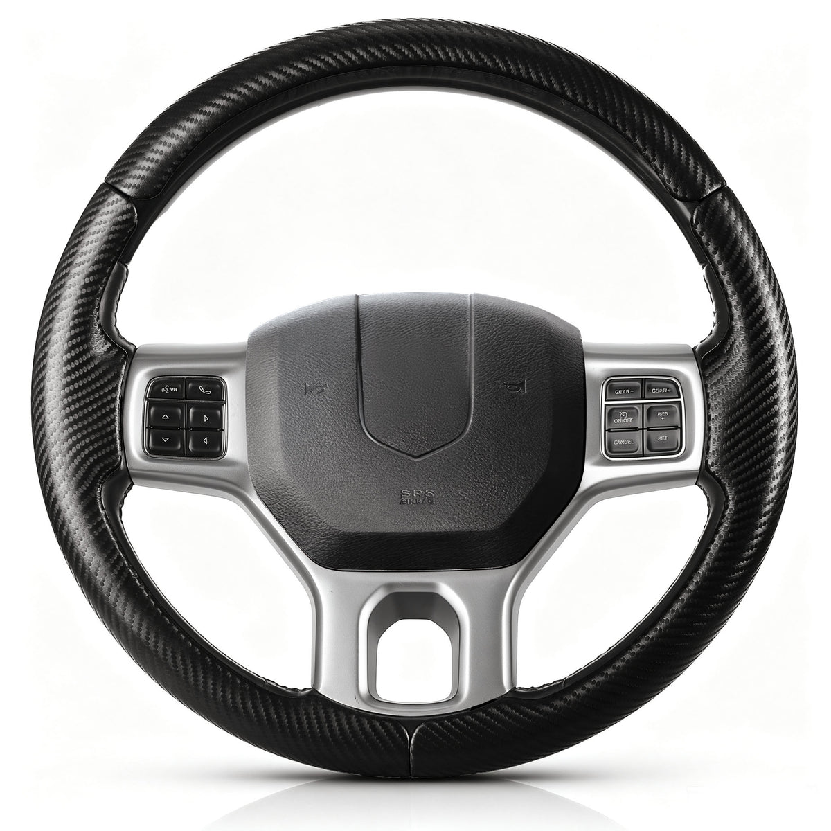 Front view of matte black carbon-fiber-style 3-piece steering wheel cover for Dodge Ram 1500/2500/3500/4500/5500 2012-2018 & RAM 1500 Classic 2019-2023#color=matte black