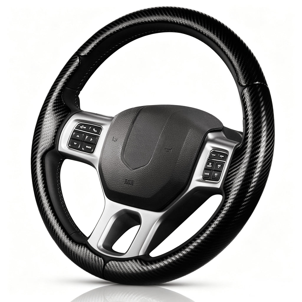 Angled front view of matte black carbon-fiber-style 3-piece steering wheel cover for Dodge Ram 1500/2500/3500/4500/5500 2012-2018 & RAM 1500 Classic 2019-2023#color=matte black