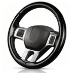 Angled front view of matte black carbon-fiber-style 3-piece steering wheel cover for Dodge Ram 1500/2500/3500/4500/5500 2012-2018 & RAM 1500 Classic 2019-2023#color=matte black