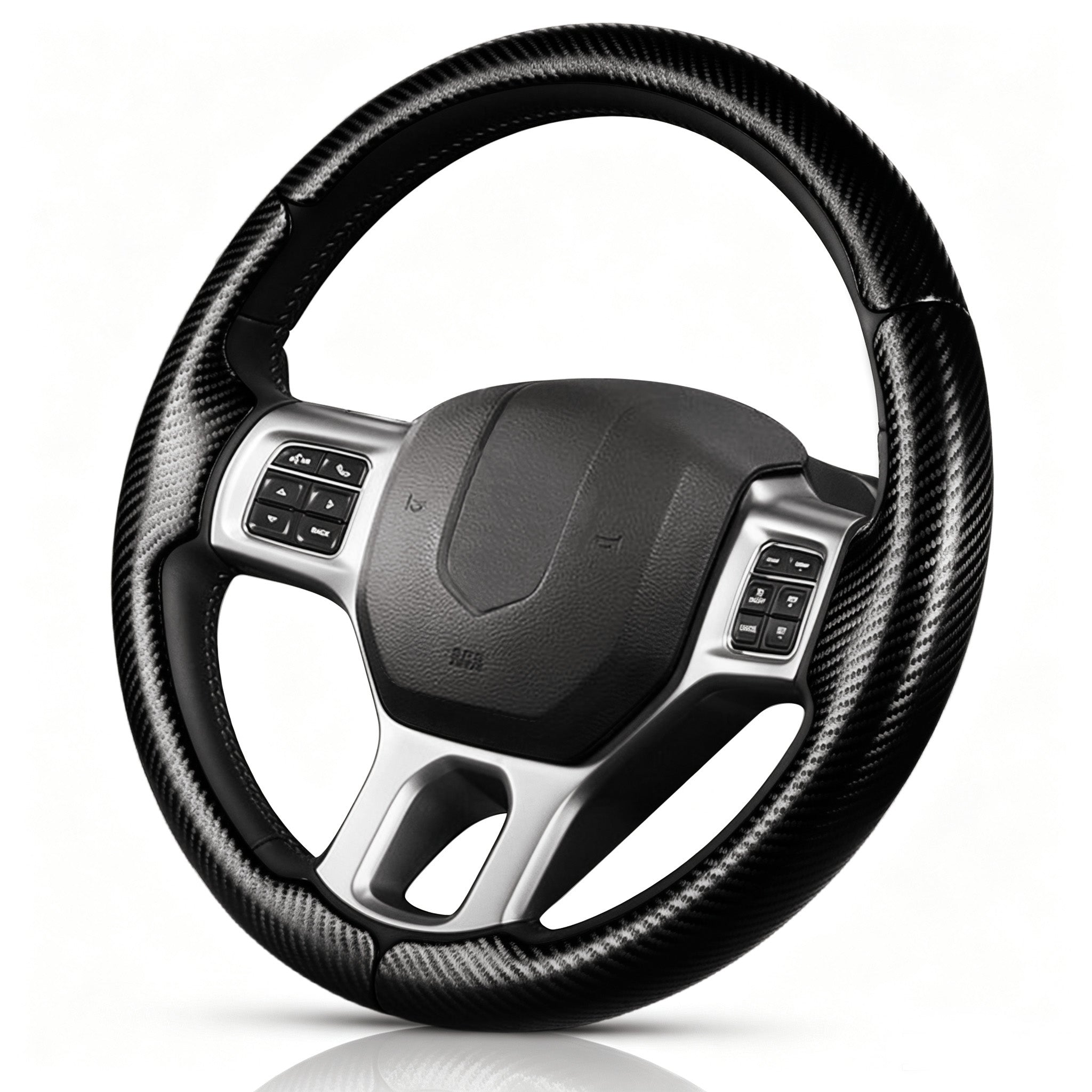 Angled front view of matte black carbon-fiber-style 3-piece steering wheel cover for Dodge Ram 1500/2500/3500/4500/5500 2012-2018 & RAM 1500 Classic 2019-2023#color=matte black