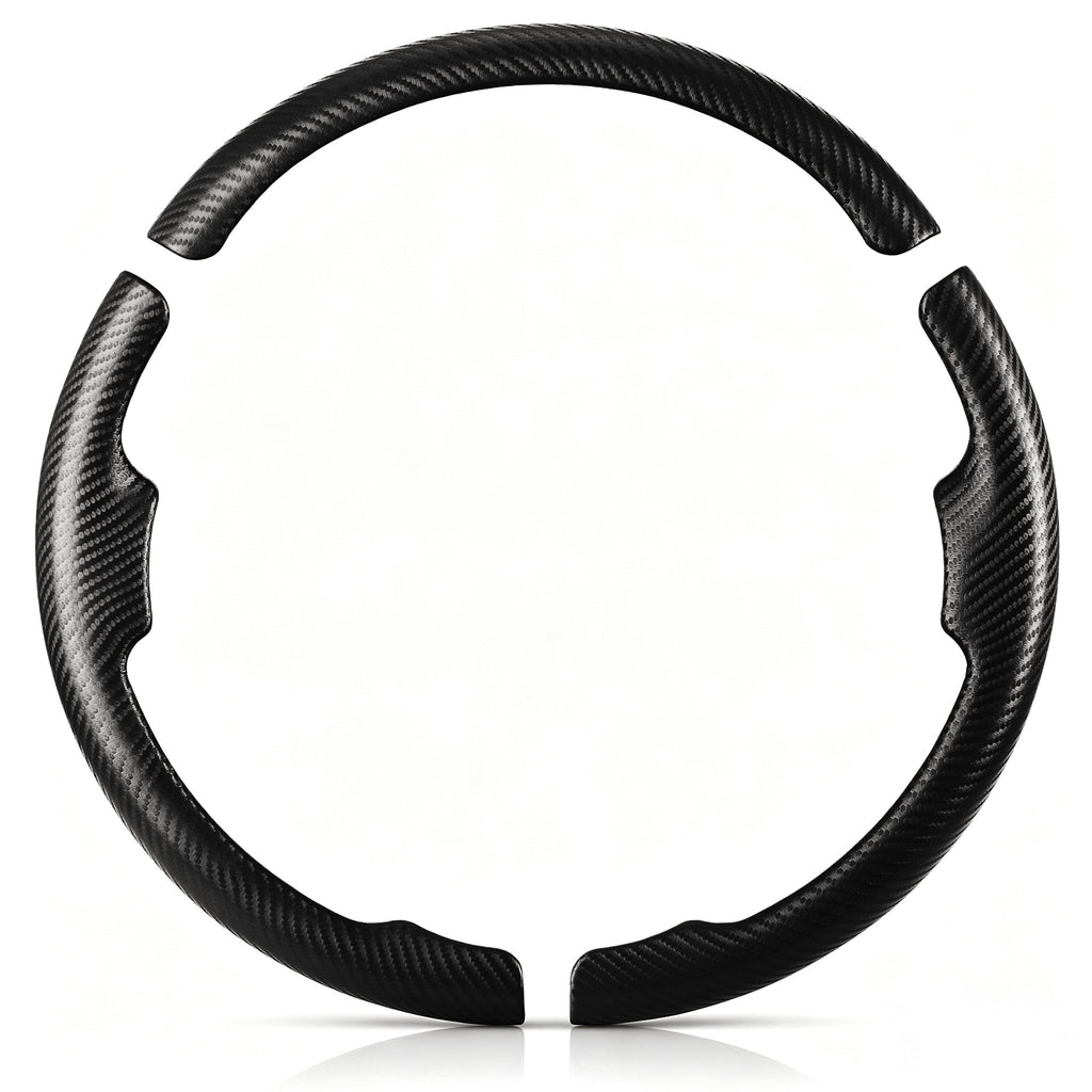 Front view of a matte black carbon-fiber-style 3-piece steering wheel cover set for Dodge Ram 1500/2500/3500/4500/5500 2012-2018 & RAM 1500 Classic 2019-2023#color=matte black