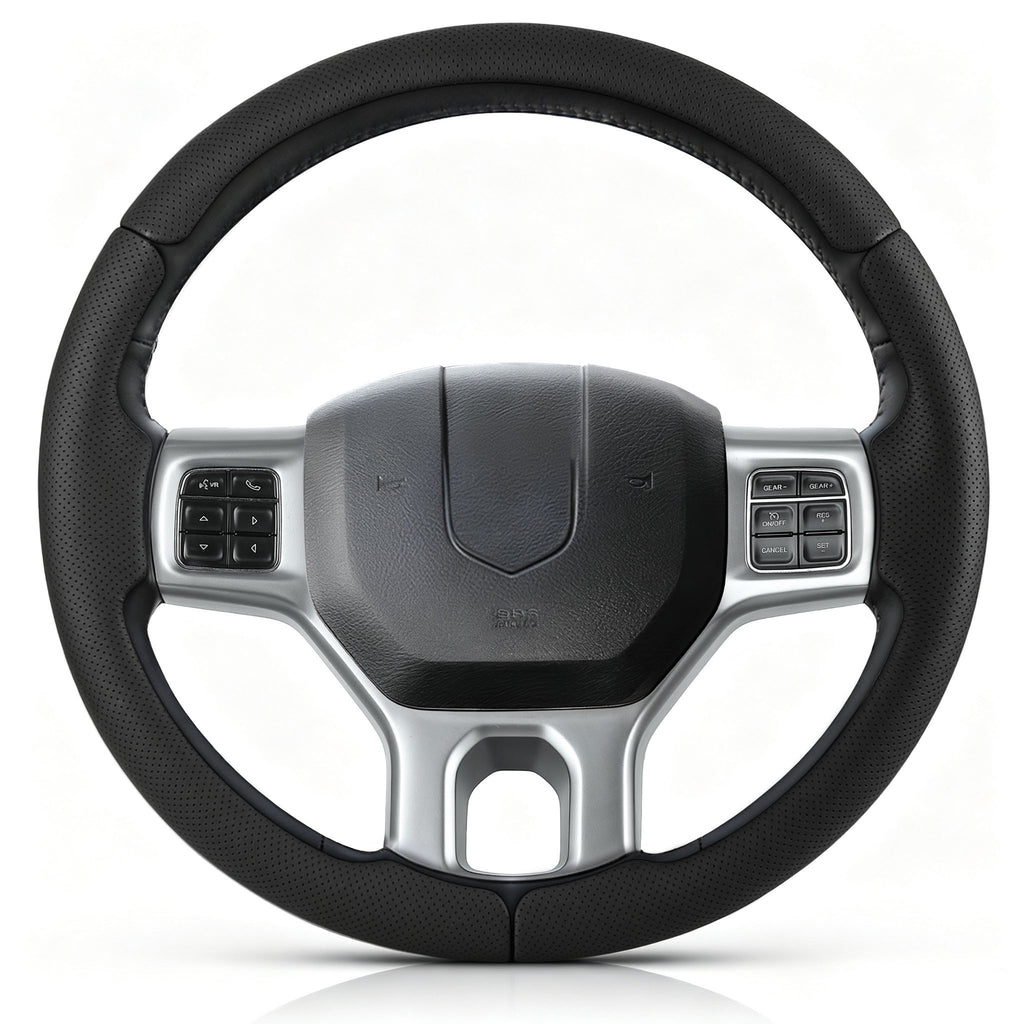 Front view of black perforated leather 3-piece steering wheel cover for Dodge Ram 1500/2500/3500/4500/5500 2012-2018 & RAM 1500 Classic 2019-2023#color=black perforated leather