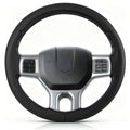 Front view of black perforated leather 3-piece steering wheel cover for Dodge Ram 1500/2500/3500/4500/5500 2012-2018 & RAM 1500 Classic 2019-2023#color=black perforated leather