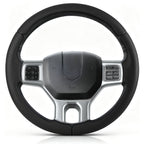 Front view of black perforated leather 3-piece steering wheel cover for Dodge Ram 1500/2500/3500/4500/5500 2012-2018 & RAM 1500 Classic 2019-2023#color=black perforated leather