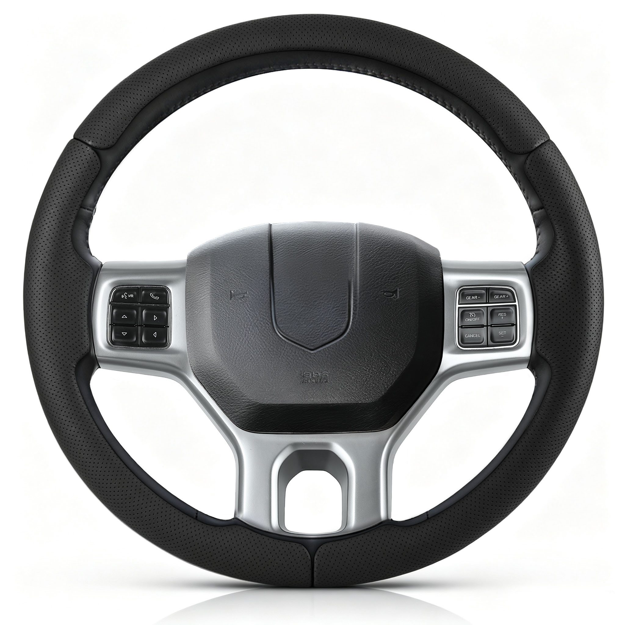 Front view of black perforated leather 3-piece steering wheel cover for Dodge Ram 1500/2500/3500/4500/5500 2012-2018 & RAM 1500 Classic 2019-2023#color=black perforated leather