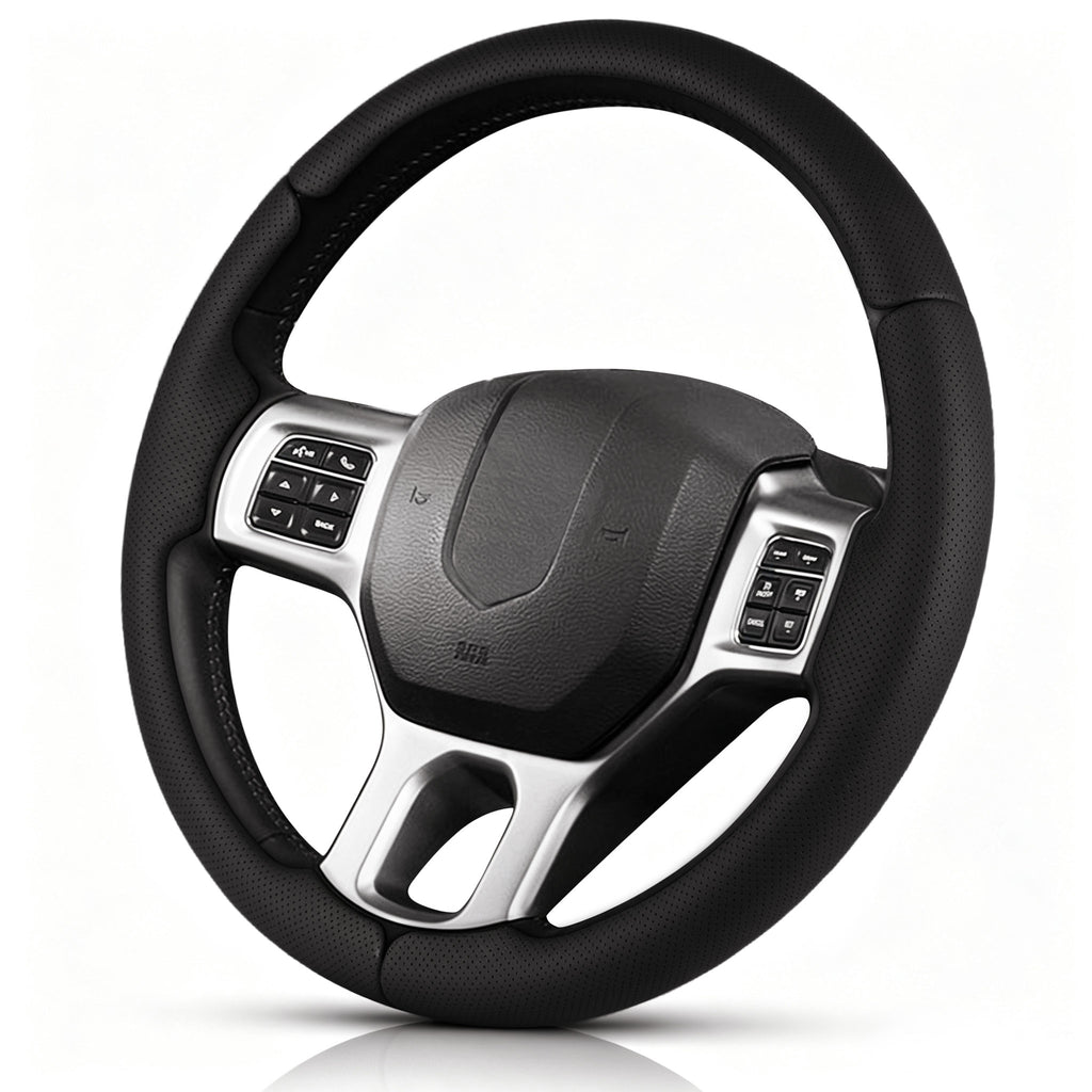 Angled front view of black perforated leather 3-piece steering wheel cover for Dodge Ram 1500/2500/3500/4500/5500 2012-2018 & RAM 1500 Classic 2019-2023#color=black perforated leather