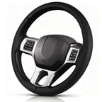 Angled front view of black perforated leather 3-piece steering wheel cover for Dodge Ram 1500/2500/3500/4500/5500 2012-2018 & RAM 1500 Classic 2019-2023#color=black perforated leather
