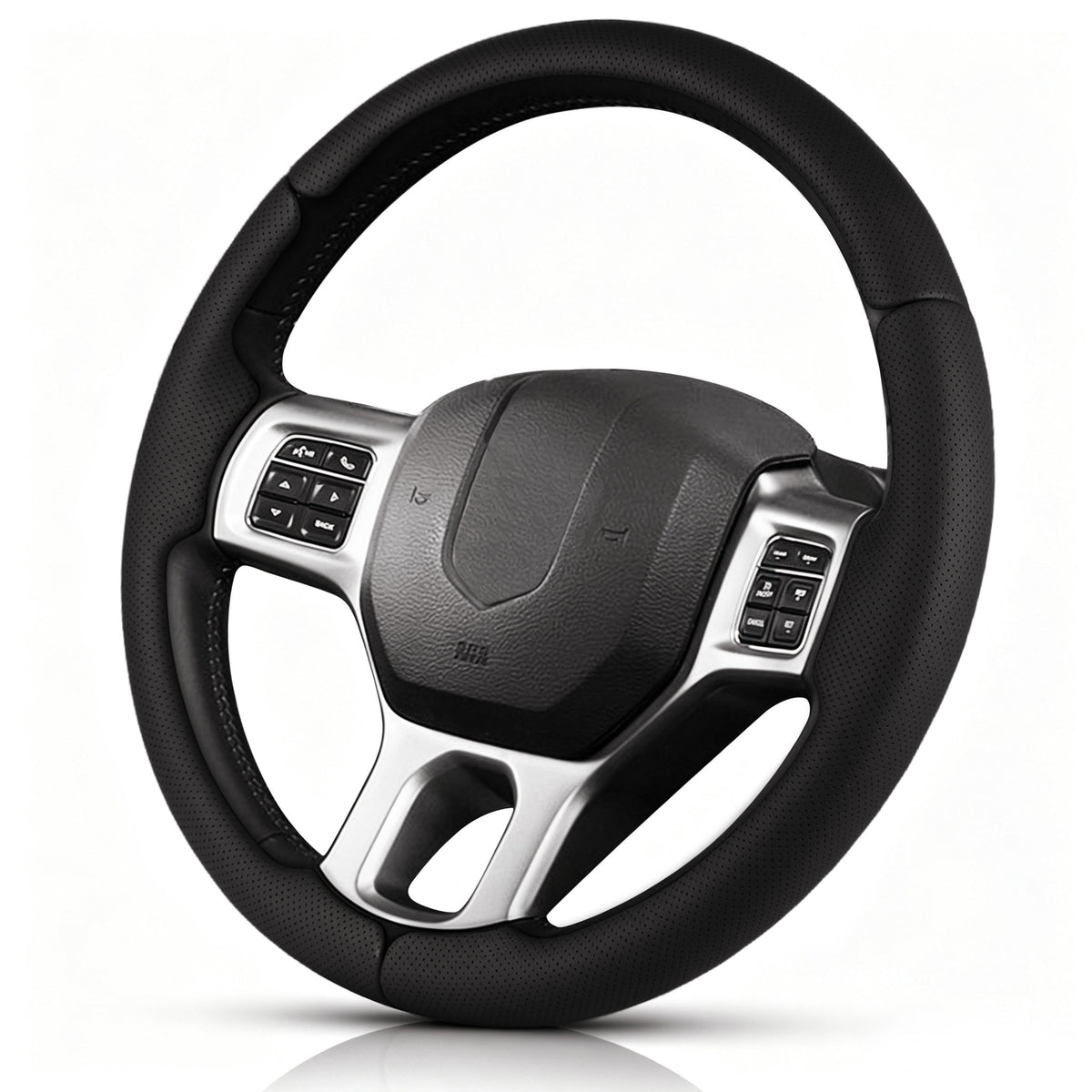 Angled front view of black perforated leather 3-piece steering wheel cover for Dodge Ram 1500/2500/3500/4500/5500 2012-2018 & RAM 1500 Classic 2019-2023#color=black perforated leather