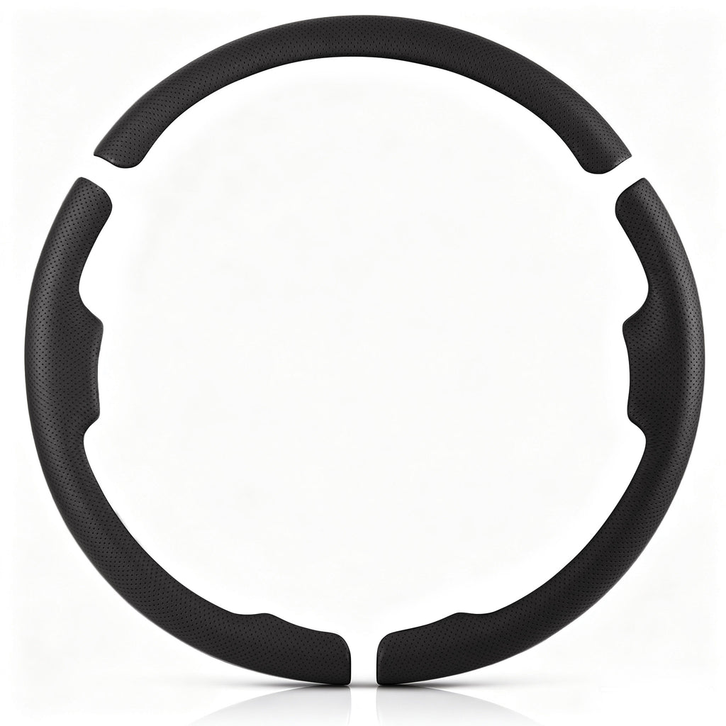 Front view of a black perforated leather 3-piece steering wheel cover set for Dodge Ram 1500/2500/3500/4500/5500 2012-2018 & RAM 1500 Classic 2019-2023#color=black perforated leather