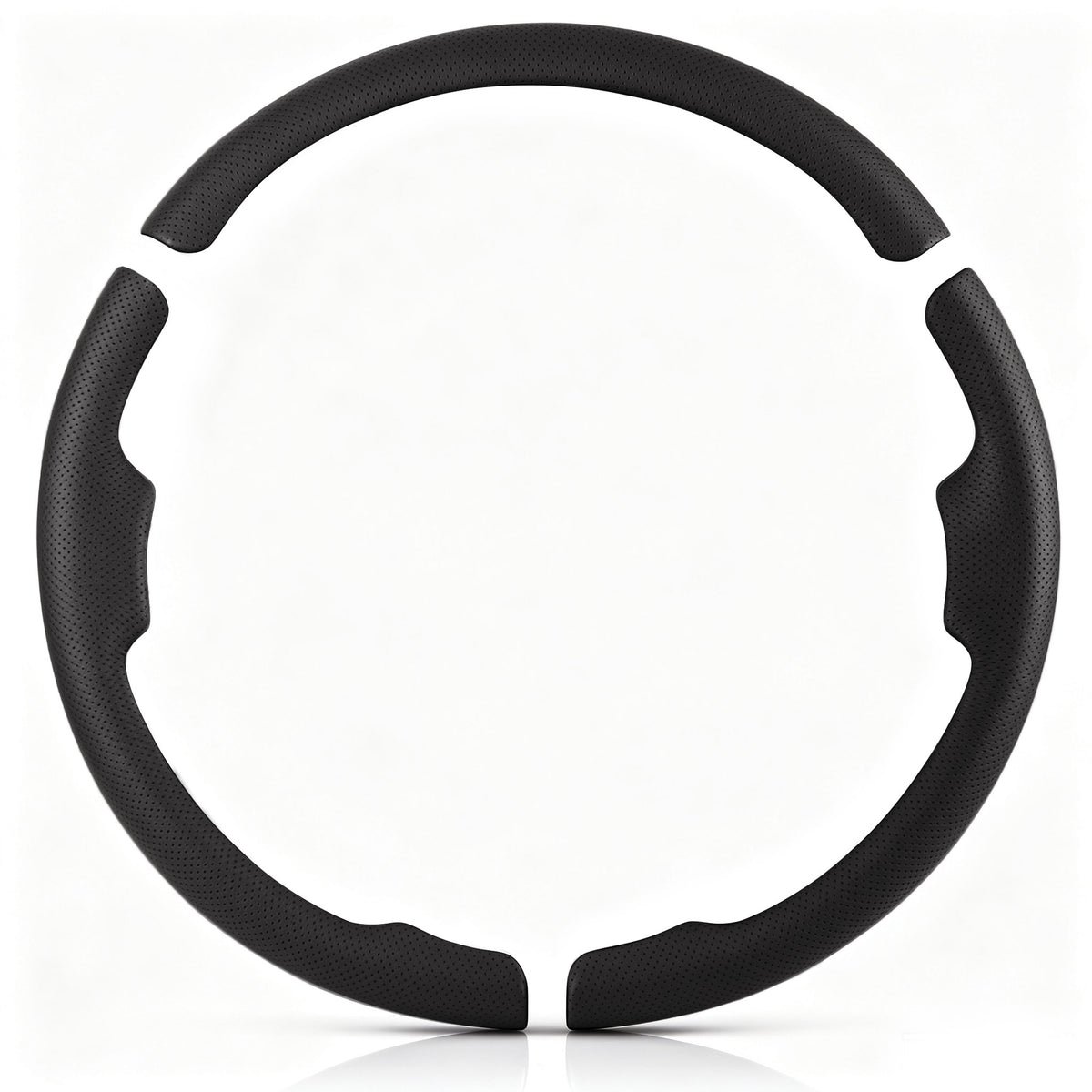 Front view of a black perforated leather 3-piece steering wheel cover set for Dodge Ram 1500/2500/3500/4500/5500 2012-2018 & RAM 1500 Classic 2019-2023#color=black perforated leather