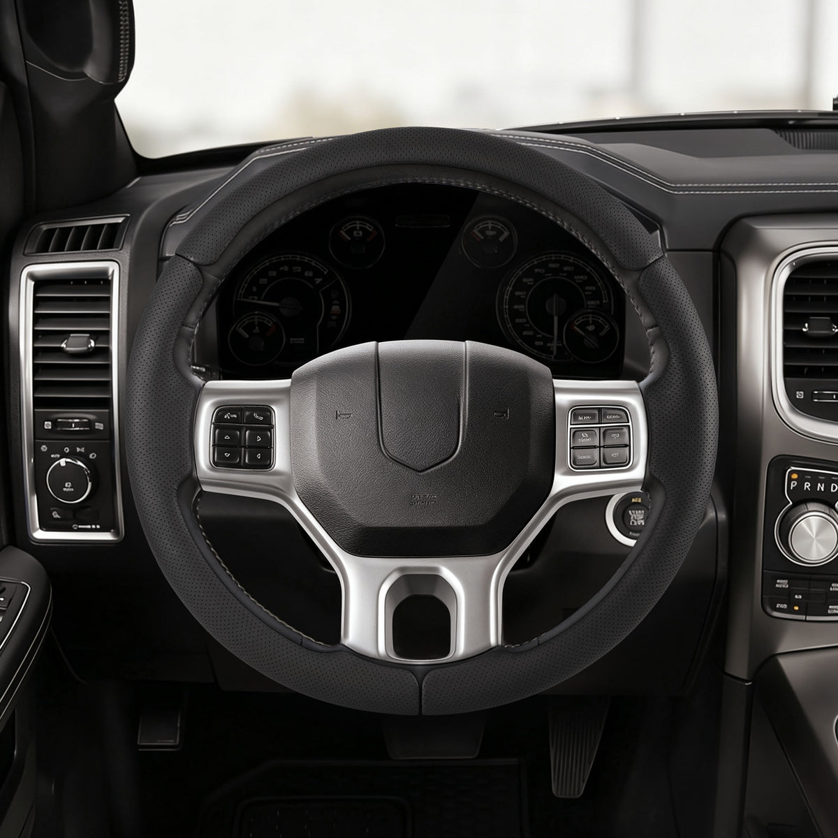 Front installed view of black perforated leather 3-piece steering wheel cover for Dodge Ram 1500 2012-2018