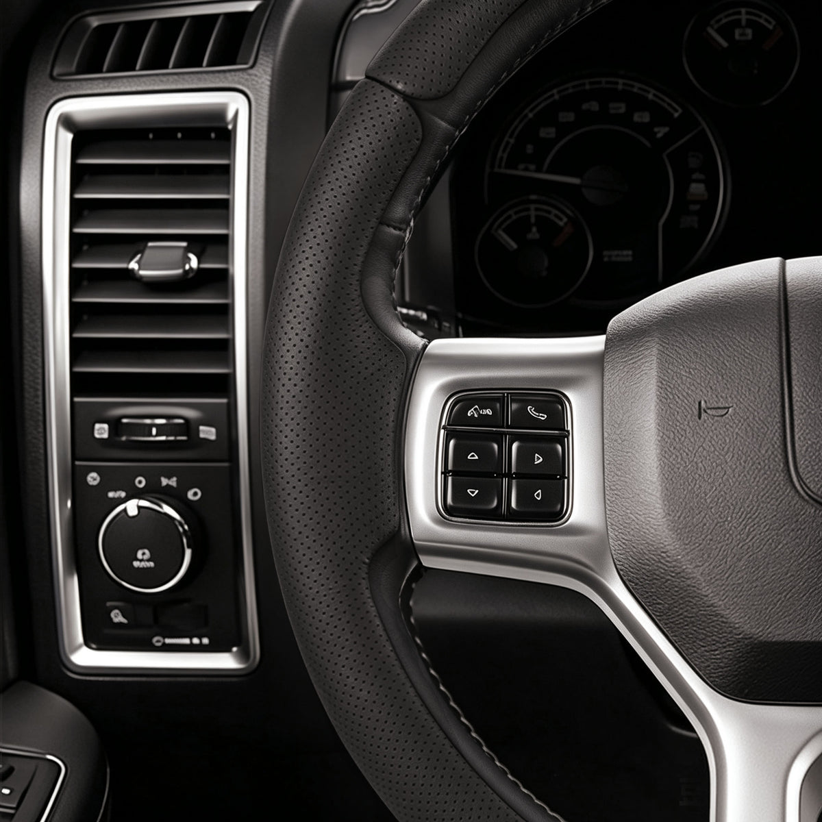 Close-up of a black perforated leather 3-piece steering wheel cover for Dodge Ram 1500 2012-2018, showing its precise custom fit