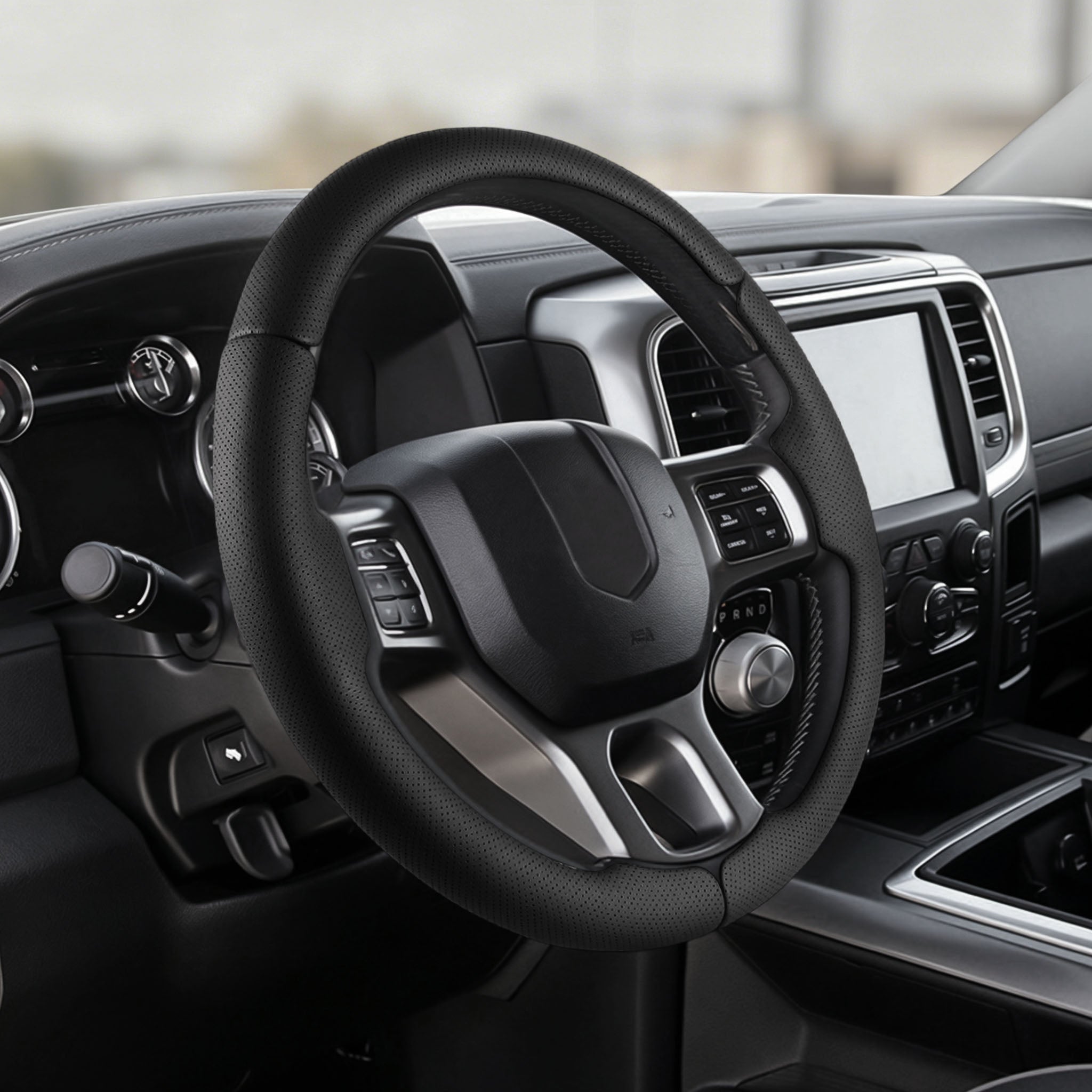 Angled installed view of black perforated leather 3-piece steering wheel cover for Dodge Ram 1500 2012-2018