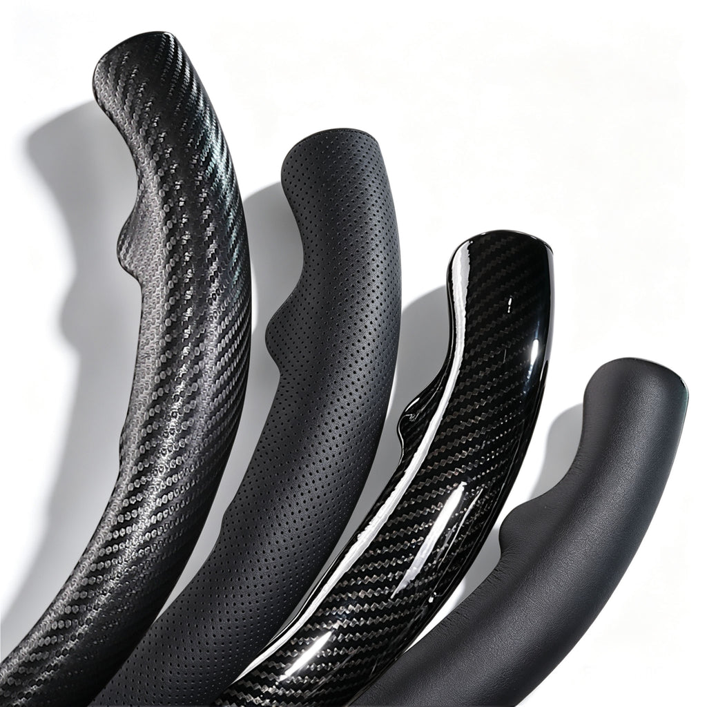 Close-up comparison of leather and carbon-fiber-style 3-piece steering wheel cover finishes for Ford F-150 2015-2020 & F-250/F-350/F-450/F-550 2017-2021#color=black perforated leather