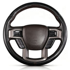 Front view of matte black carbon-fiber-style 3-piece steering wheel cover for Ford F-150 2015-2020 & F-250/F-350/F-450/F-550 2017-2021#color=matte black
