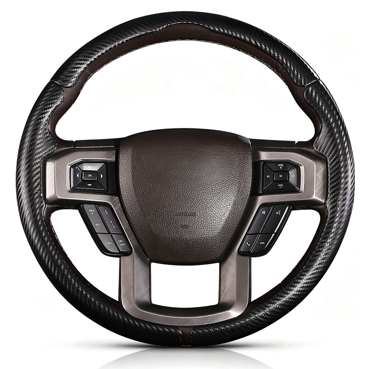Front view of matte black carbon-fiber-style 3-piece steering wheel cover for Ford F-150 2015-2020 & F-250/F-350/F-450/F-550 2017-2021#color=matte black