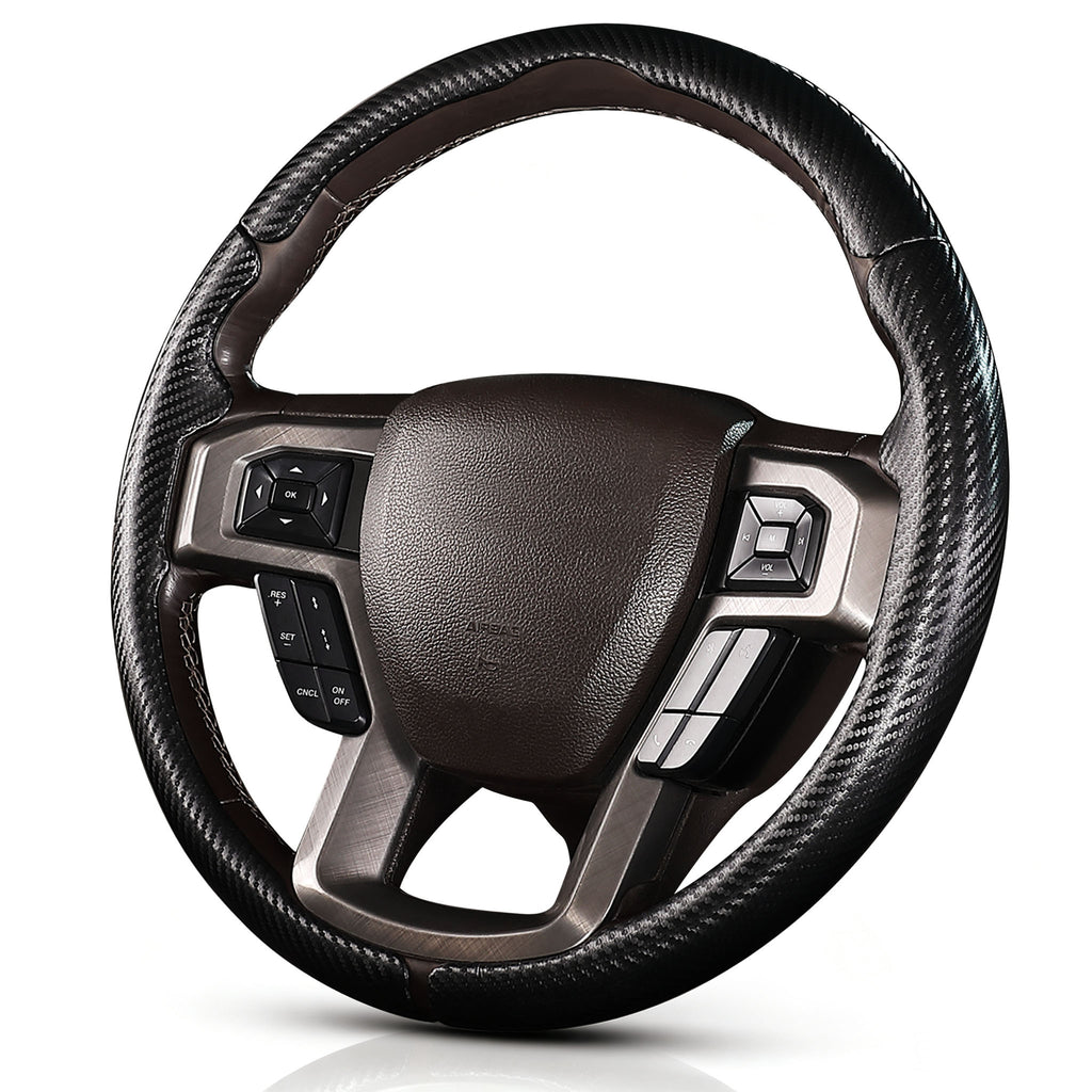 Angled front view of matte black carbon-fiber-style 3-piece steering wheel cover for Ford F-150 2015-2020 & F-250/F-350/F-450/F-550 2017-2021#color=matte black