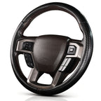 Angled front view of matte black carbon-fiber-style 3-piece steering wheel cover for Ford F-150 2015-2020 & F-250/F-350/F-450/F-550 2017-2021#color=matte black