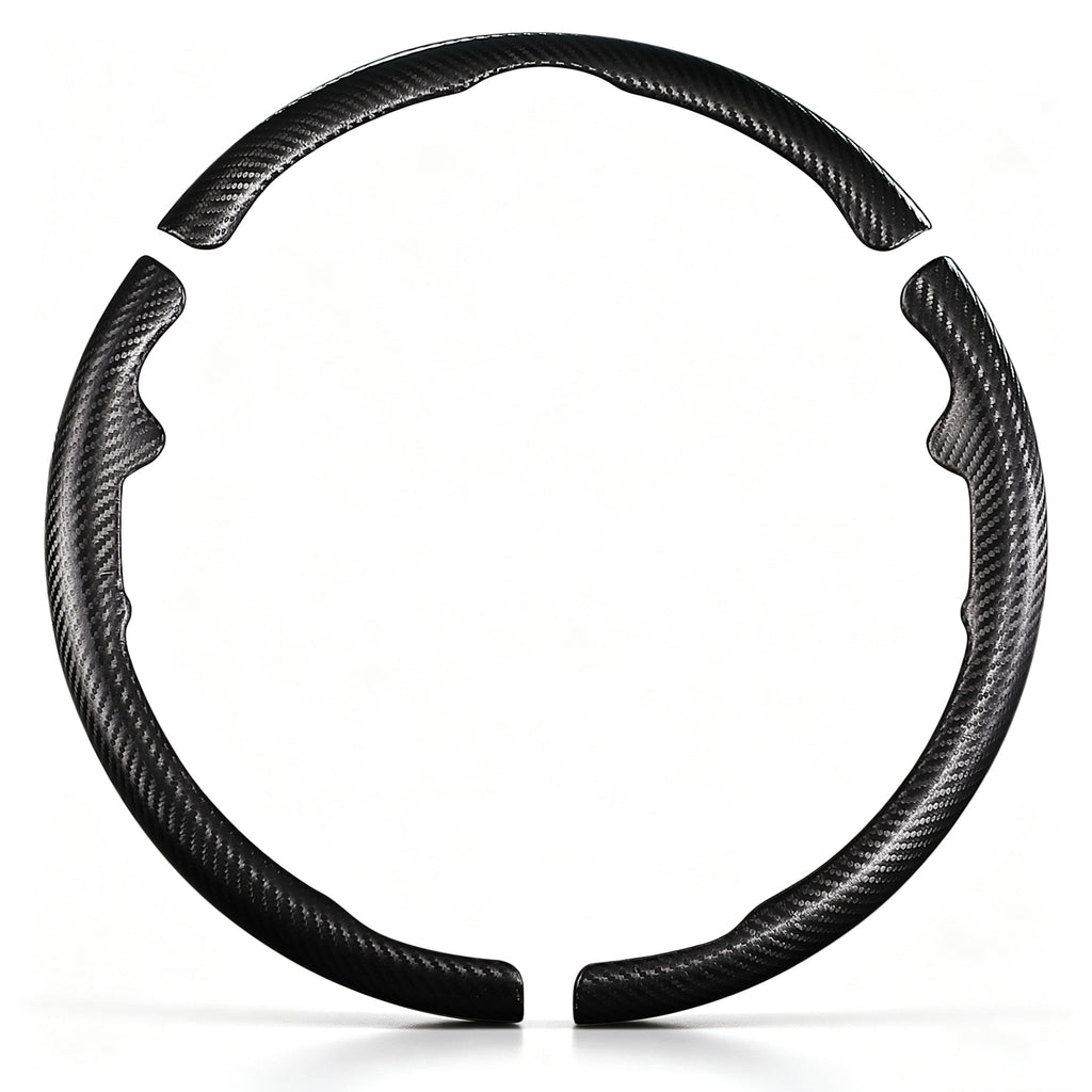 Front view of a matte black carbon-fiber-style 3-piece steering wheel cover set for Ford F-150 2015-2020 & F-250/F-350/F-450/F-550 2017-2021#color=matte black