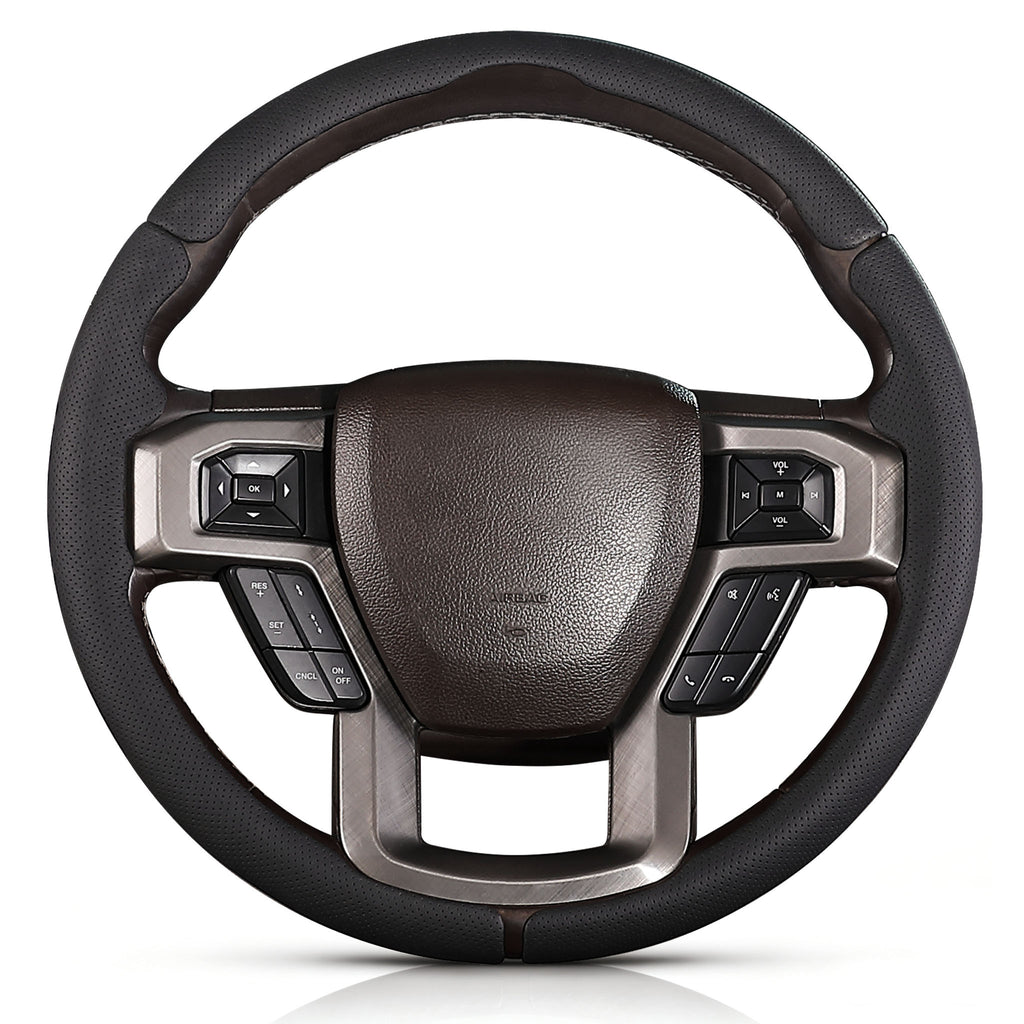 Front view of black perforated leather 3-piece steering wheel cover for Ford F-150 2015-2020 & F-250/F-350/F-450/F-550 2017-2021#color=black perforated leather