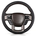 Front view of black perforated leather 3-piece steering wheel cover for Ford F-150 2015-2020 & F-250/F-350/F-450/F-550 2017-2021#color=black perforated leather