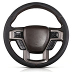 Front view of black perforated leather 3-piece steering wheel cover for Ford F-150 2015-2020 & F-250/F-350/F-450/F-550 2017-2021#color=black perforated leather