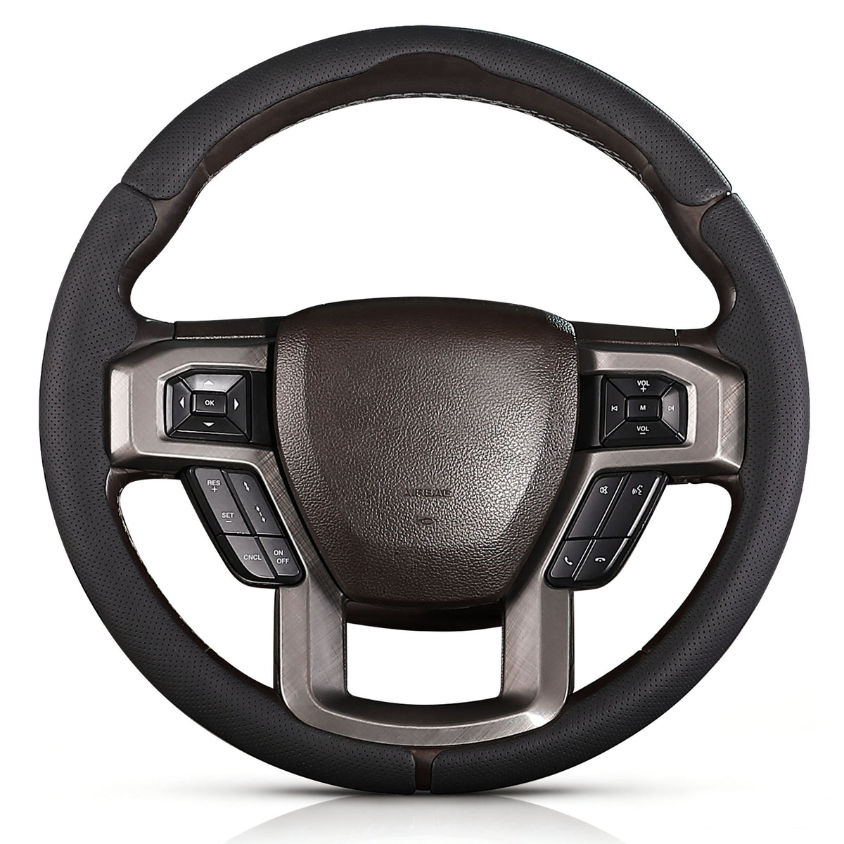 Front view of black perforated leather 3-piece steering wheel cover for Ford F-150 2015-2020 & F-250/F-350/F-450/F-550 2017-2021#color=black perforated leather