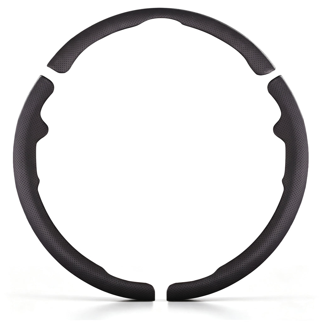 Front view of a black perforated leather 3-piece steering wheel cover set for Ford F-150 2015-2020 & F-250/F-350/F-450/F-550 2017-2021#color=black perforated leather
