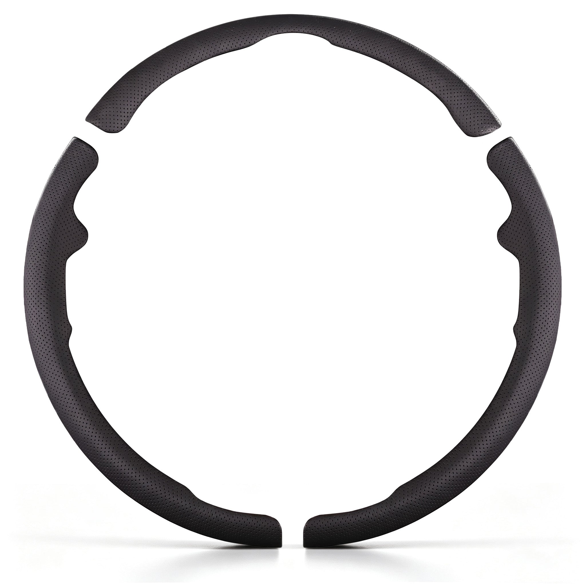 Front view of a black perforated leather 3-piece steering wheel cover set for Ford F-150 2015-2020 & F-250/F-350/F-450/F-550 2017-2021#color=black perforated leather