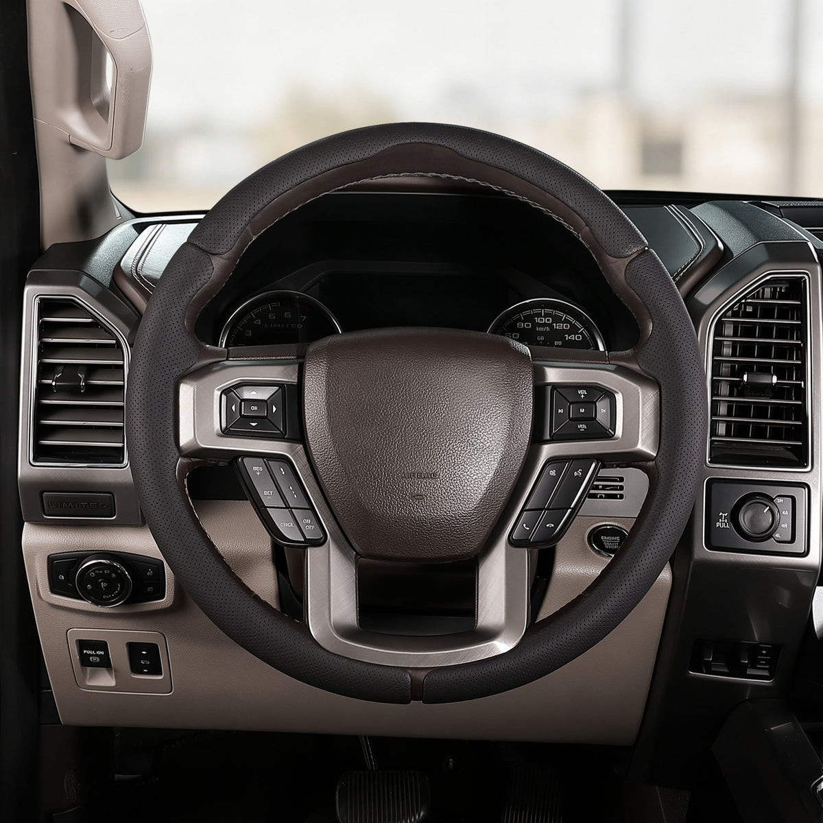Front installed view of black perforated leather 3-piece steering wheel cover for Ford F-150 2015-2020