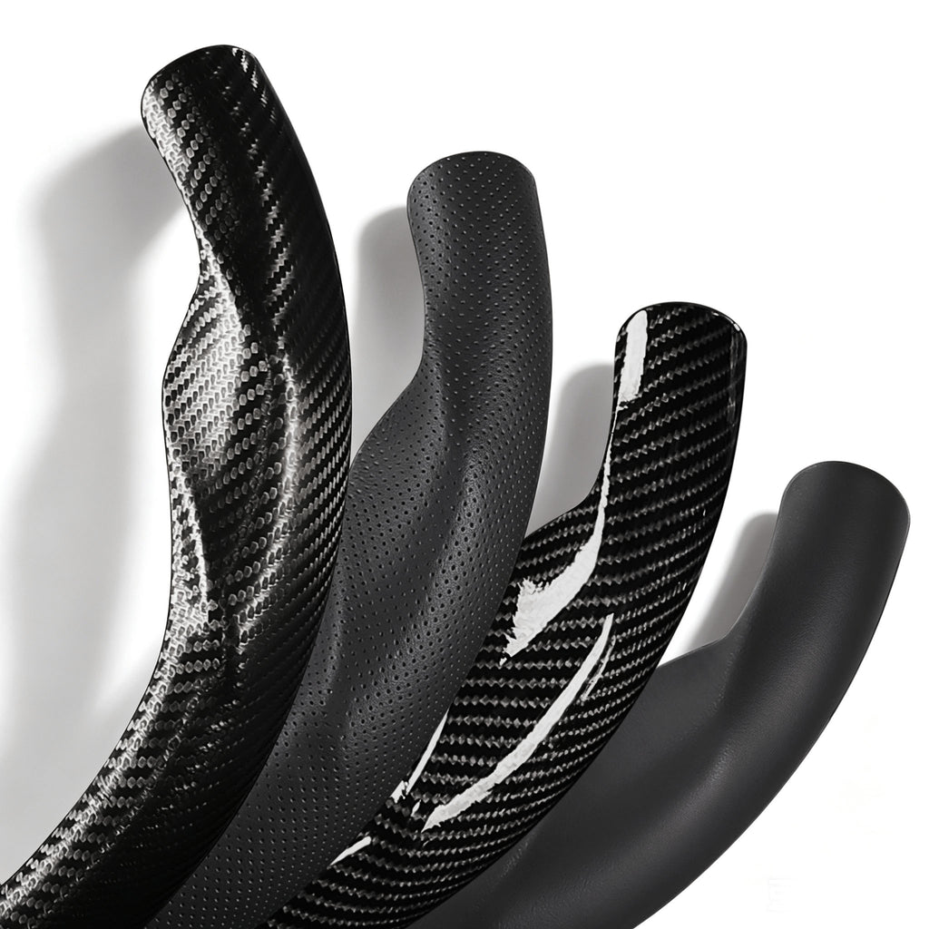 Close-up comparison of black leather and black carbon-fiber-style 3-piece steering wheel cover finishes for Honda Civic 2016-2021 & Clarity 2018-2021#color=black